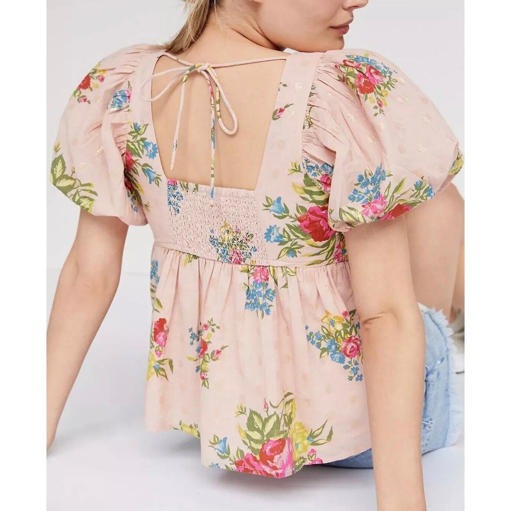 ANTHROPOLOGIE Love The Label Rosette Babydoll Top S Pink Floral Puff Sleeve Boho - Picture 3 of 16
